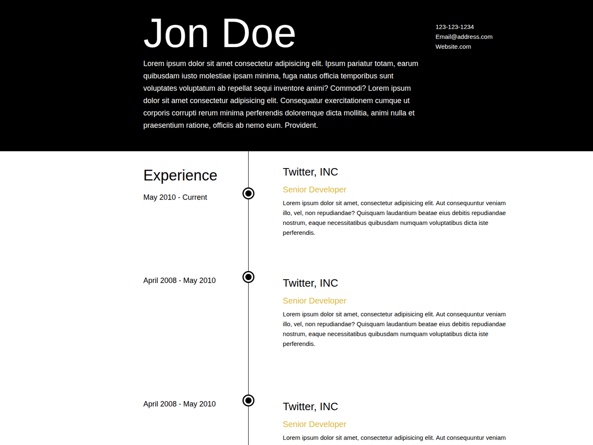 Resume page w/ Timeline